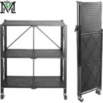 3-Tier Foldable Metal Storage Shelf with Wheels - Heavy Duty