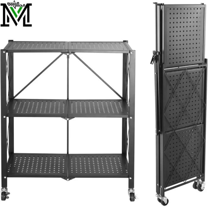 3-Tier Foldable Metal Storage Shelf with Wheels - Heavy Duty