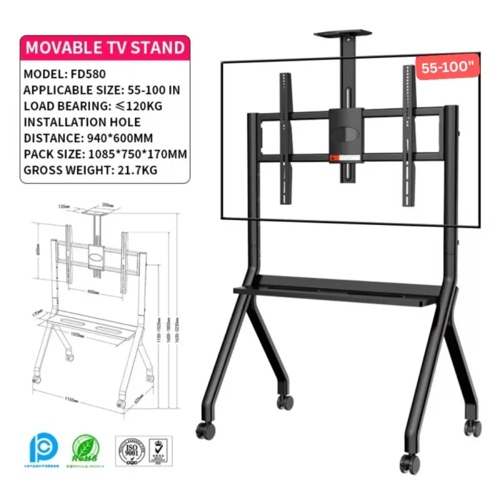 87392117 AZTECH FD580 TV Trolley Stand for 55''–100'' TVs Compatibilty
