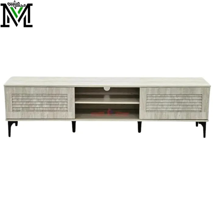 Grey Stone 180 cm TV Stand with Lined Cabinet Doors and Open Shelves Grey Stone 180 cm TV Stand with Lined Cabinet Doors and Open Shelves