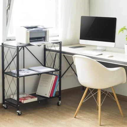 Foldable 3-Tier Metal Storage Shelf with Wheels in Kitchen Setup