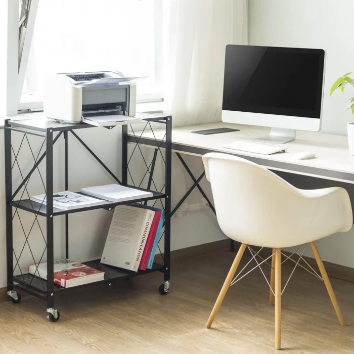 Foldable 3-Tier Metal Storage Shelf with Wheels in Kitchen Setup