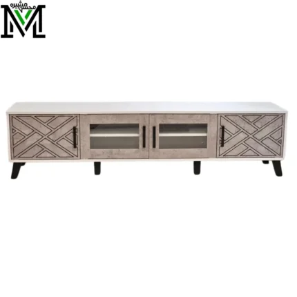 Modern TV Stand with Engraved Side Cabinets and Tempered Glass Panels