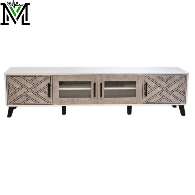 Modern TV Stand with Engraved Side Cabinets and Tempered Glass Panels