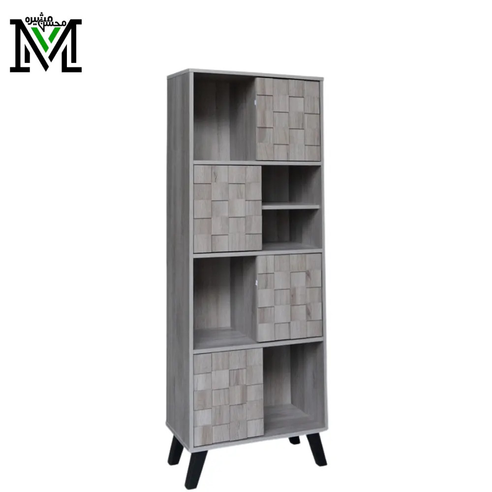 Masheera WHM 894 — tall book shelf: modern storage with geometric doors. Masheera wooden bookcase WHM 894 – vertical bookshelf with open and closed shelving