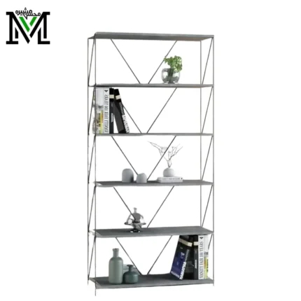 Modern industrial shelving unit with grey wood shelves and black metal frame – 4-tier storage rack by Masheera in Riyadh