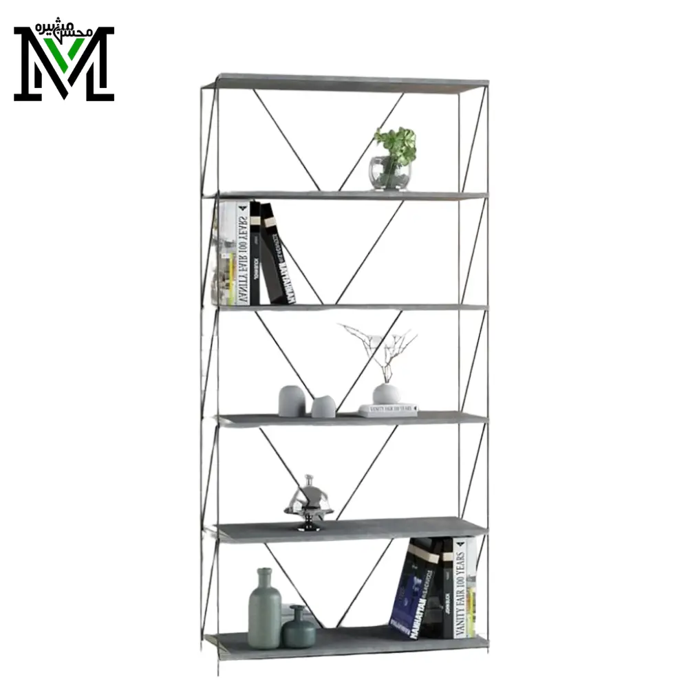 Masheera WAWM 314 Shelving Unit featuring grey wood shelves and a sturdy black metal frame – stylish 4-tier storage for homes and offices in Riyadh. Modern industrial shelving unit with grey wood shelves and black metal frame – 4-tier storage rack by Masheera in Riyadh