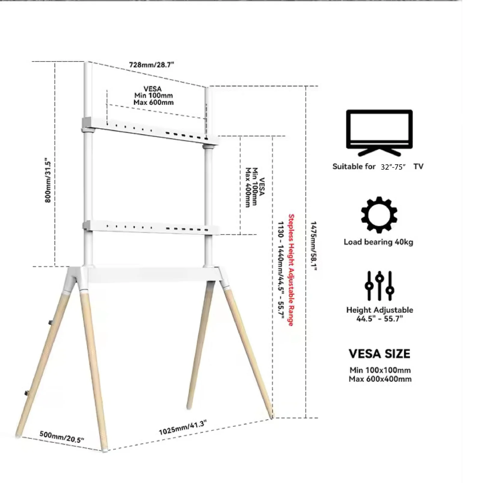 BEETEC TF-FS102W tripod TV floor stand for 32–75 inch screens in Riyadh