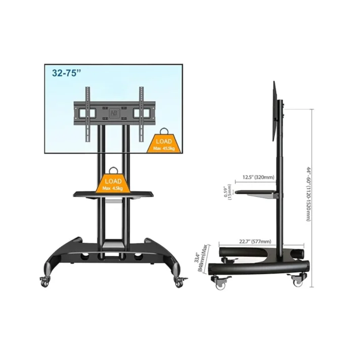 AV shelf detail on NB AVA1500-60-1P mobile stand in Riyadh (ستاند شاشة مع رف)