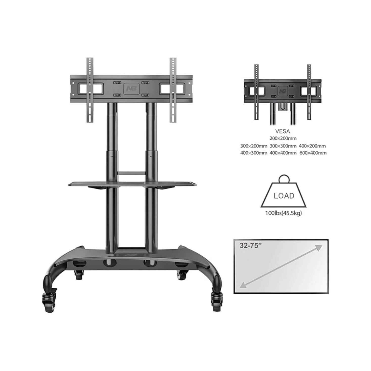 NB AVA1500-60-1P TV cart showing height adjustment range in Riyadh