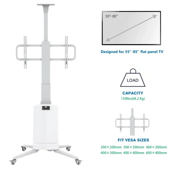 Front view of TW85 motorized TV cart for 55-85 inch displays in white