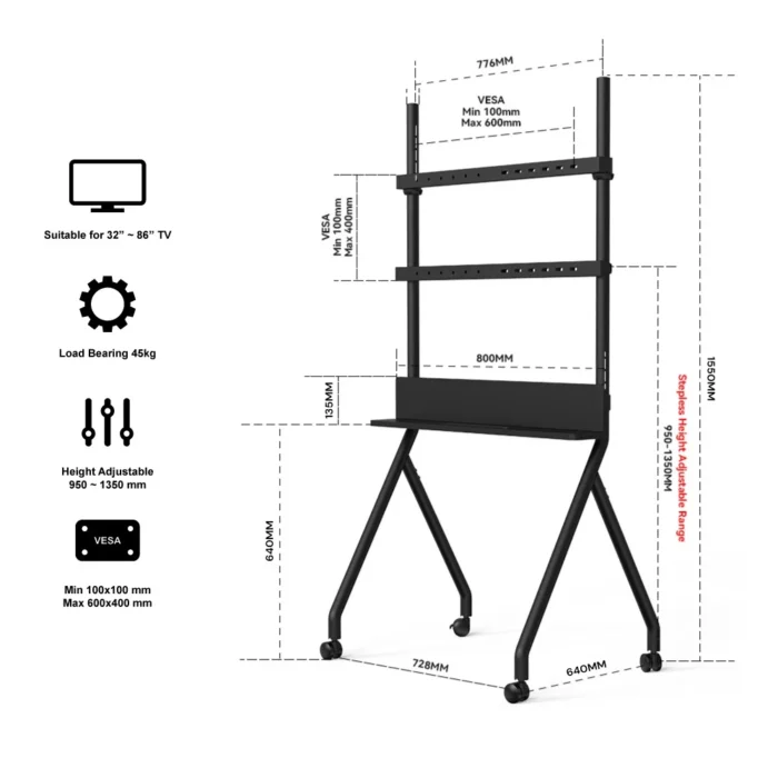 Foldable BEETEC TF-RG8B TV trolley with wheels and shelf