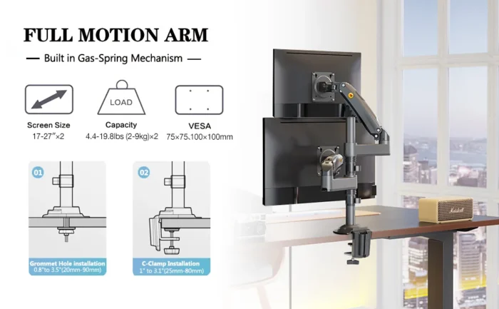 Grey black ergonomic gas spring monitor arm supporting 17–27 inch screens Riyadh