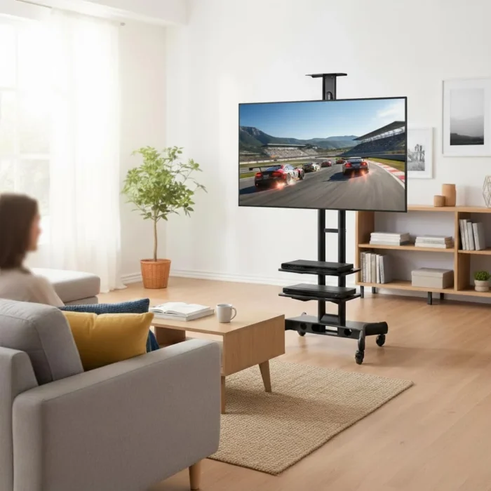 Mobile TV trolley supporting VESA 600x400 televisions Beetec TF-1500S rolling television cart for presentations and events