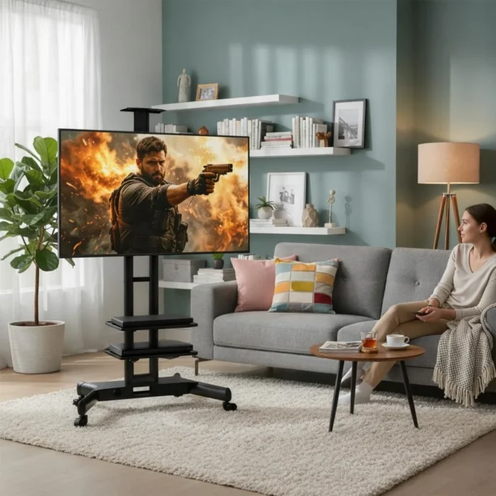 TV stand for 40–70 inch televisions with shelves Dual shelf TV cart with wheels for home entertainment systems