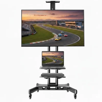 Heavy duty rolling TV cart in Riyadh with locking wheels and dual AV shelves