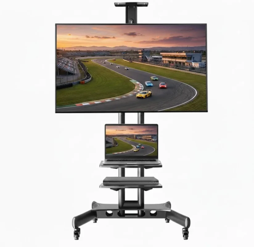 Heavy duty rolling TV cart in Riyadh with locking wheels and dual AV shelves