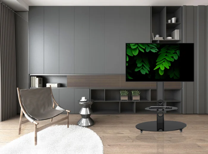 durable tv stand with black tempered glass shelves