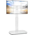 White modern TV floor stand for 32 to 65 inch screens steel design in Riyadh Saudi Arabia