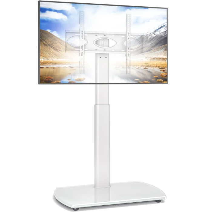 white-tv-floor-stand-32-65-inch-modern White modern TV floor stand for 32 to 65 inch screens steel design in Riyadh Saudi Arabia