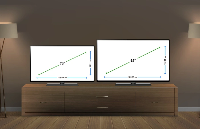 graphic showing 43", 55", 65", 75" and 85" TVs