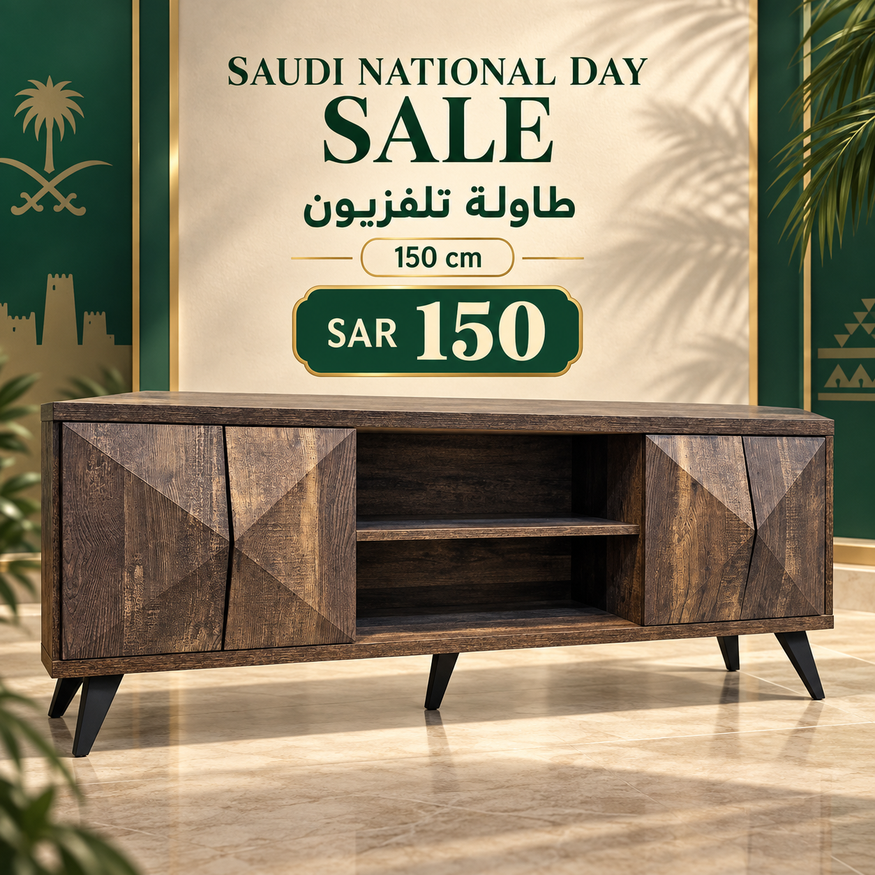 Geometric dark wood TV table 150 cm with side storage cabinets, two open media shelves and raised black legs in Riyadh
