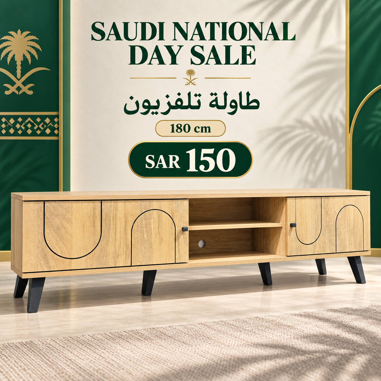 Light oak TV table 180 cm with curved cabinet doors, two open media shelves, cable opening and raised black legs in Riyadh