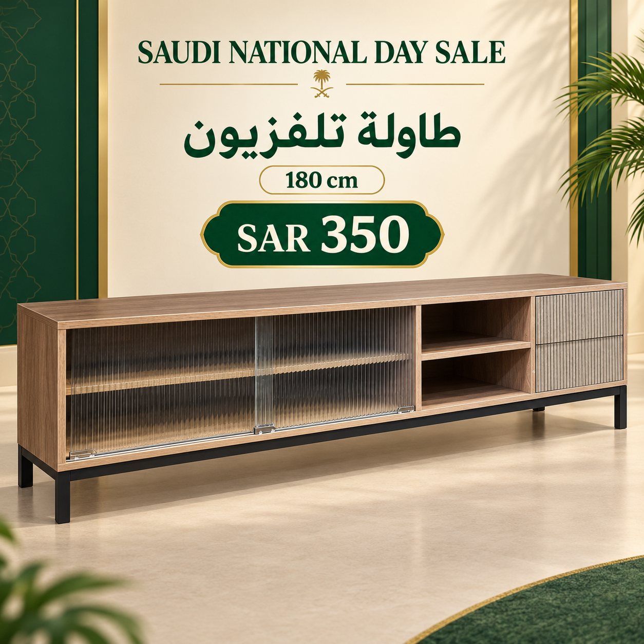 Modern walnut TV table 180 cm with fluted glass doors, open media shelves, side drawers and black raised legs in Riyadh
