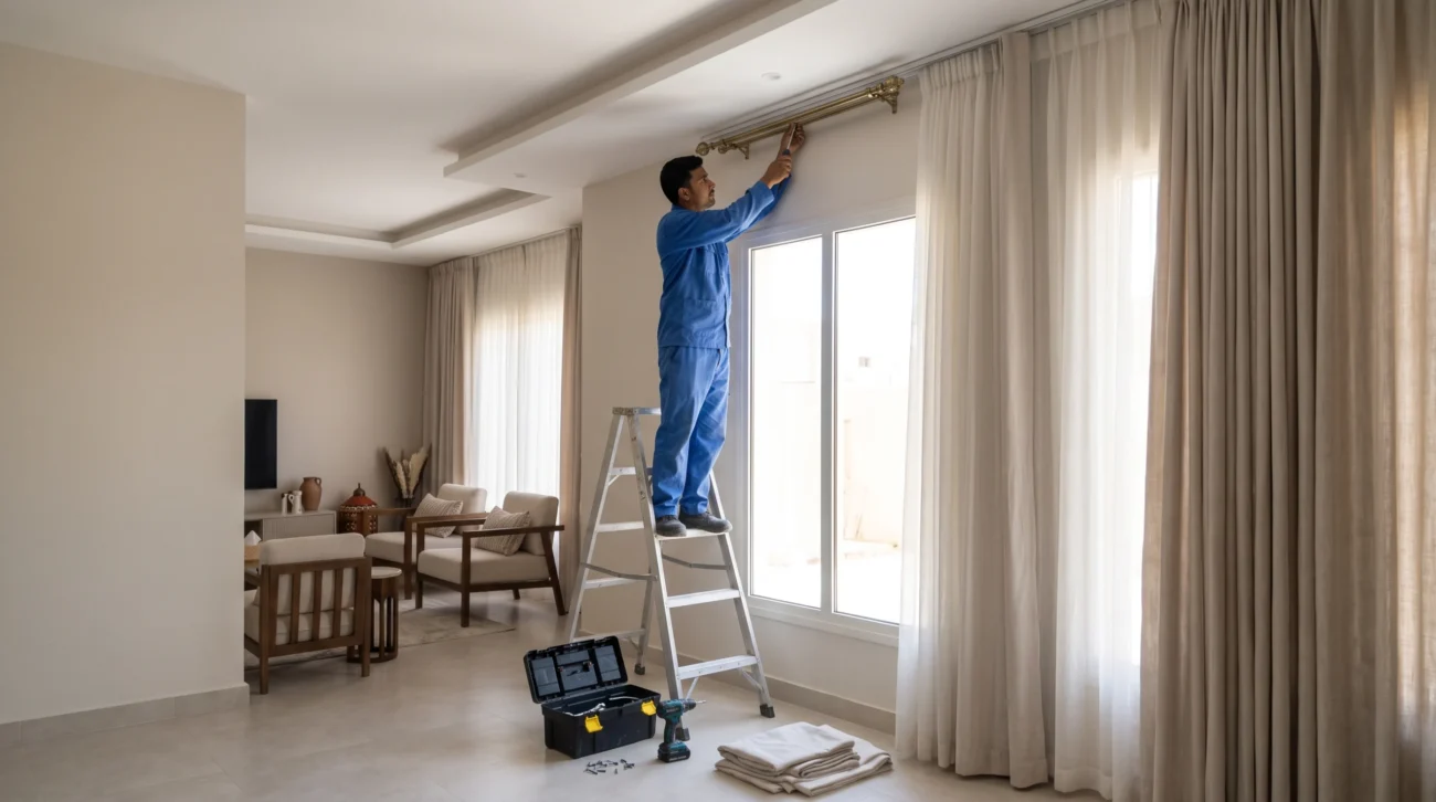 Professional technician installing a brass decorative curtain rod on a living room wall in Riyadh.
