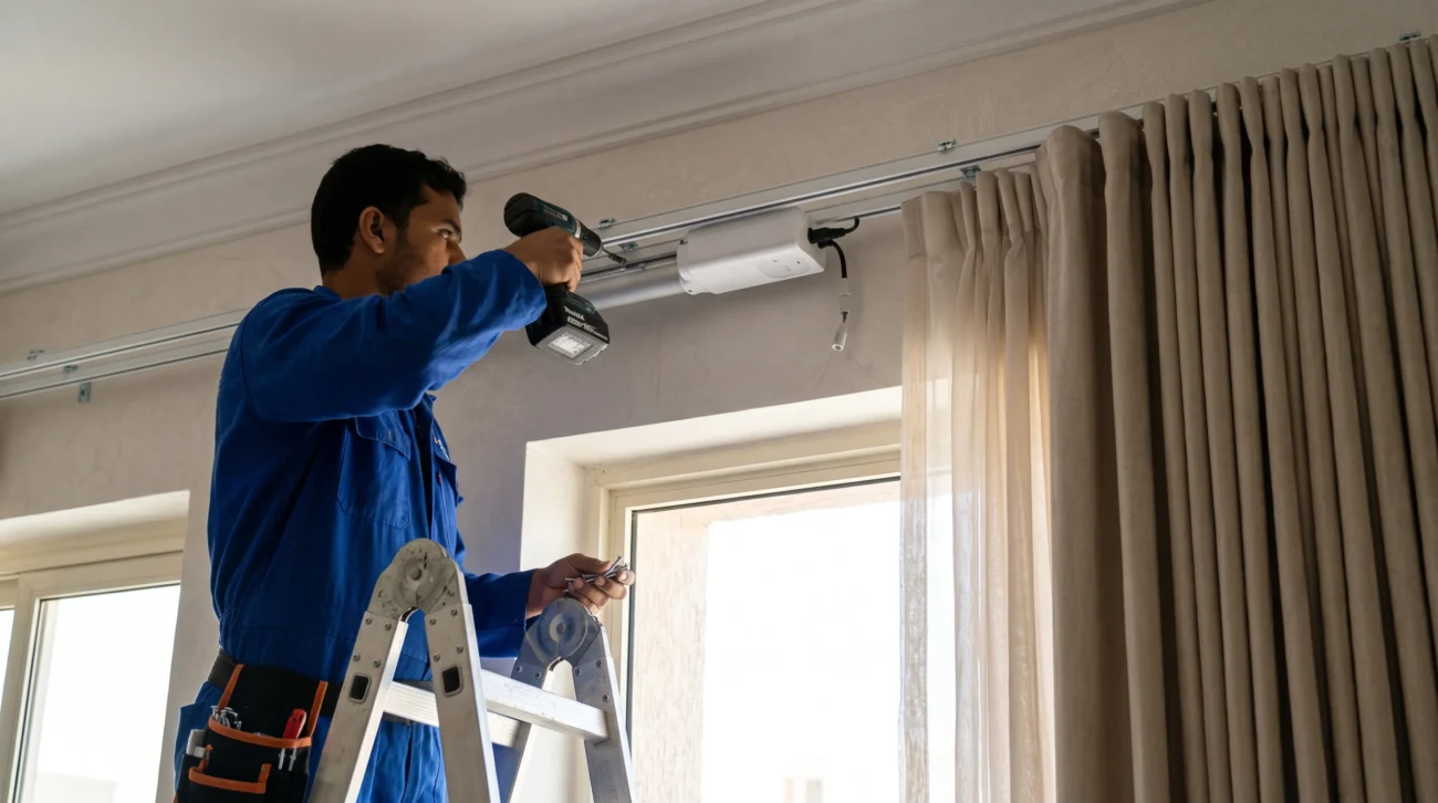 Drilling a motorized smart curtain track system above a window for automated drapery in a modern Riyadh apartment.