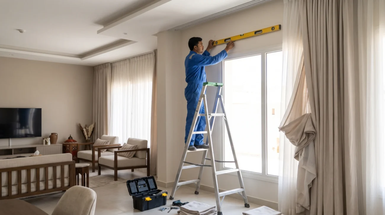 Technician using a level to mark precise drilling points for a straight curtain track installation over a window in Riyadh.