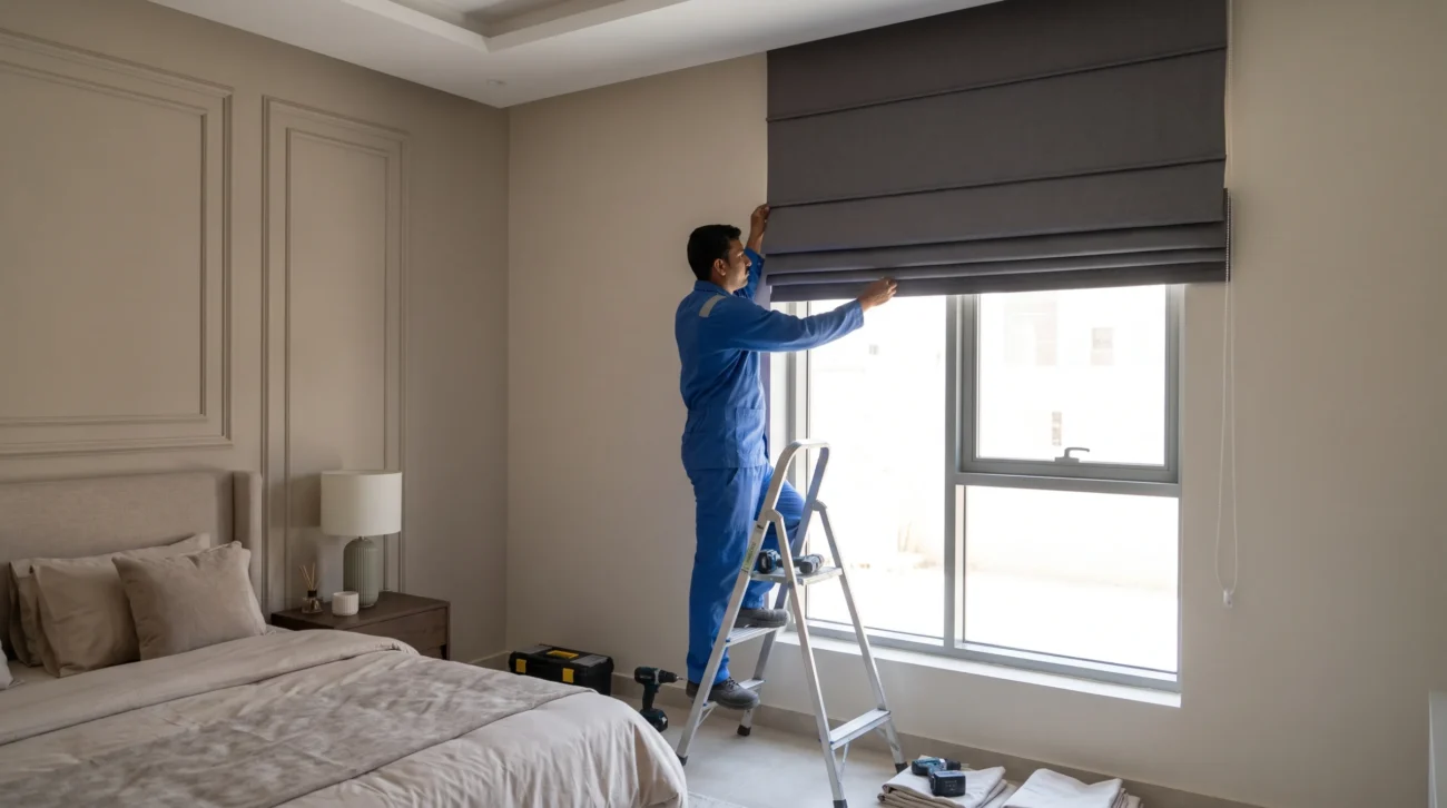 Masheera Interiors technician fitting a custom blackout Roman blind to a bedroom window for light control.