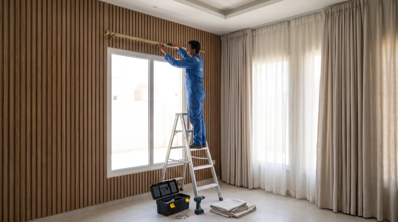 Precision fitting of decorative brass curtain rod brackets on slatted wood wall paneling in an upscale Riyadh villa